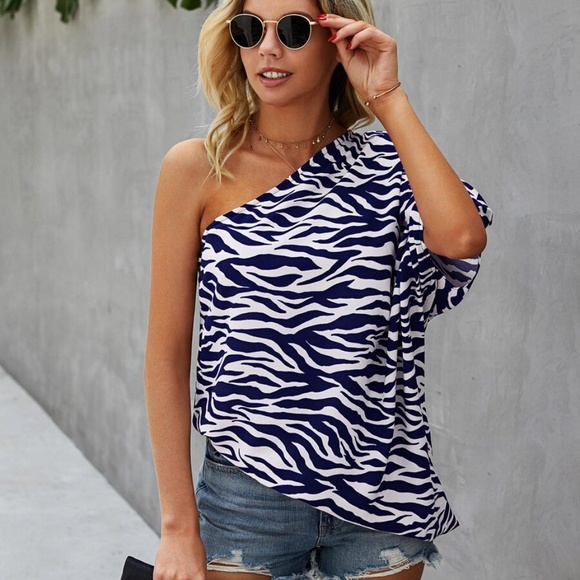 brown zebra print stripes one shoulder tunic top - Picture 2 of 12